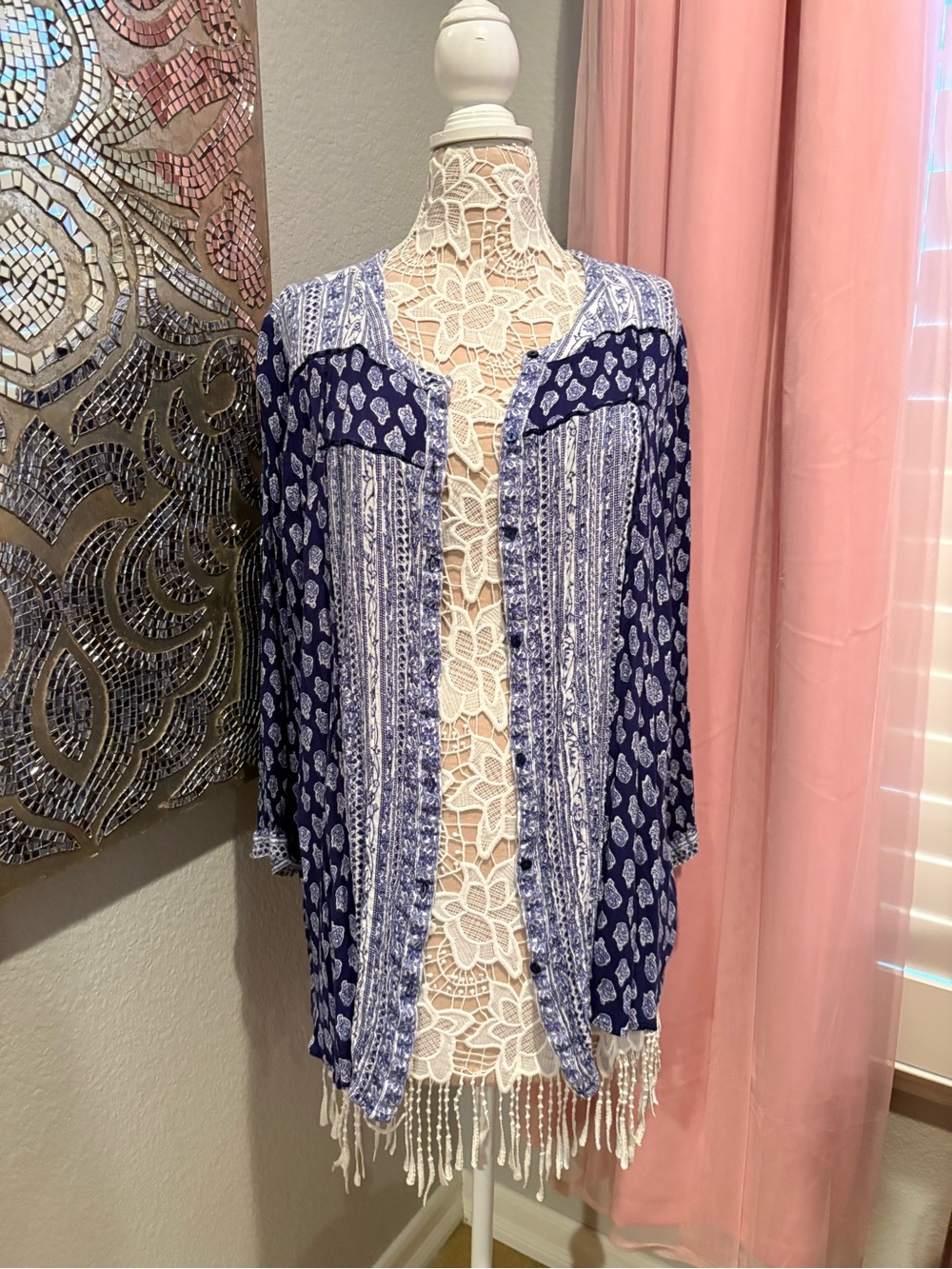 Lucky Brand Blue Patterned Fringe Kimono
